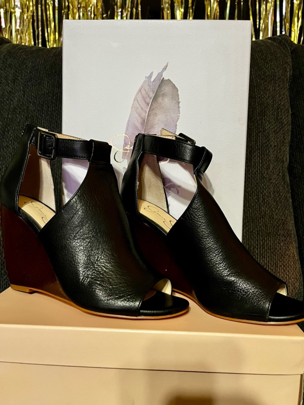 Jessica Simpson Black Peep-Toe Wedge Ankle Strap Heels